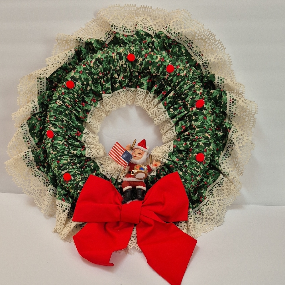 Vintage Handmade Fabric Christmas Wreath Kitschy Santa Granny Shabby Cottage